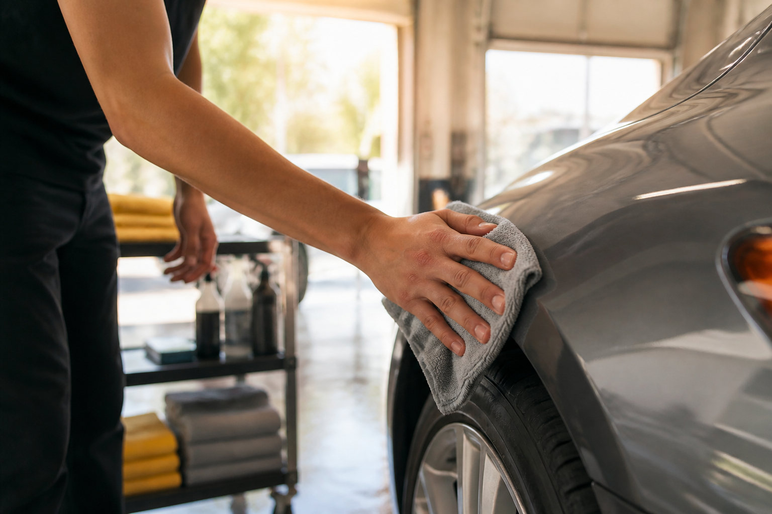 Detailing workbench and microfiber towels in the Austin shop